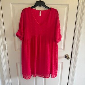 Zenana XL Hot Pink Swiss Dot Babydoll Dress Sheer Overlay V-Neck